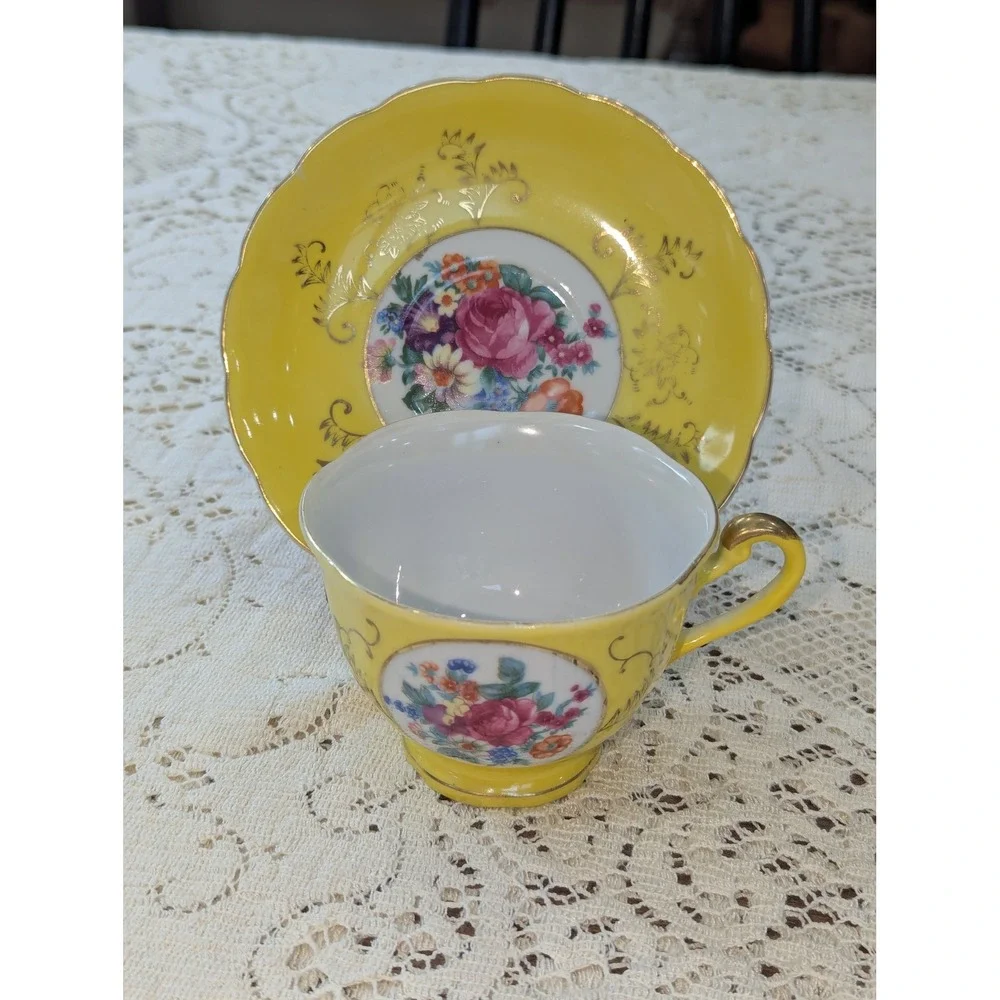 Vintage Tea Cup and Saucer Set OS Yellow Floral Gold Gilt Japan Porcelain